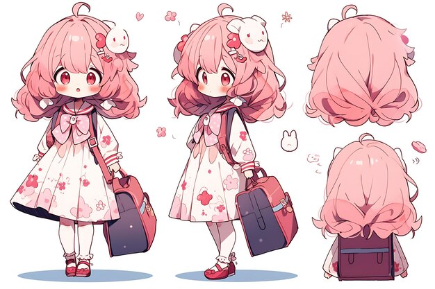 Folha de conceito de reviravolta de personagem fofa de anime kawaii chibi  girl com roupas elegantes e modernas