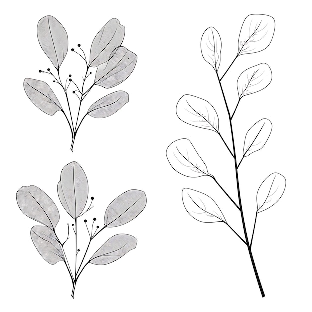 Foto folha de eucalipto desenhada à mão cores pretas em fundo branco con contorno minimalista simples