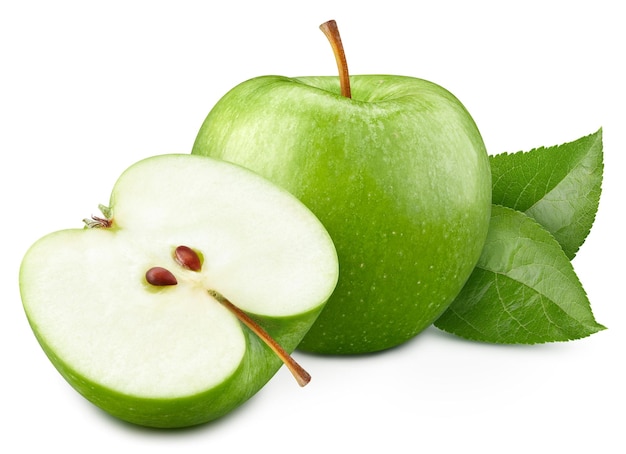 Folha de maçã verde fresca isolada em branco Traçado de recorte de maçã de maçã orgânica Profundidade de campo total