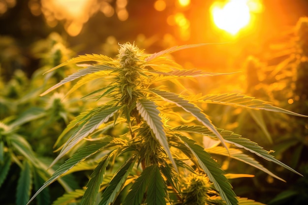 Folha de maconha ao pôr do sol Foco seletivo Baixa profundidade de campo