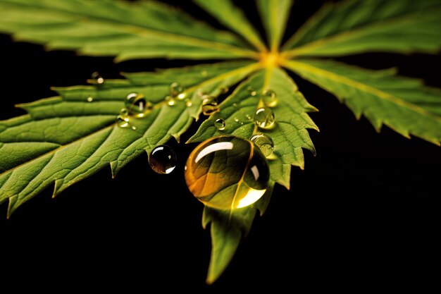 Folha de maconha com gotas de água isoladas em fundo preto