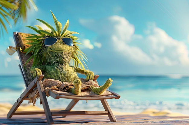 folha de maconha usando óculos de sol banhando-se no sol em uma cadeira de sol em uma caricatura de praia tropical
