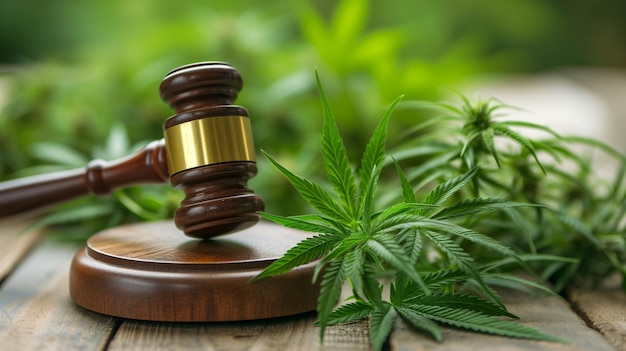 Folha de martelo e cannabis em uma mesa de madeira O conceito de legalização da cannabis