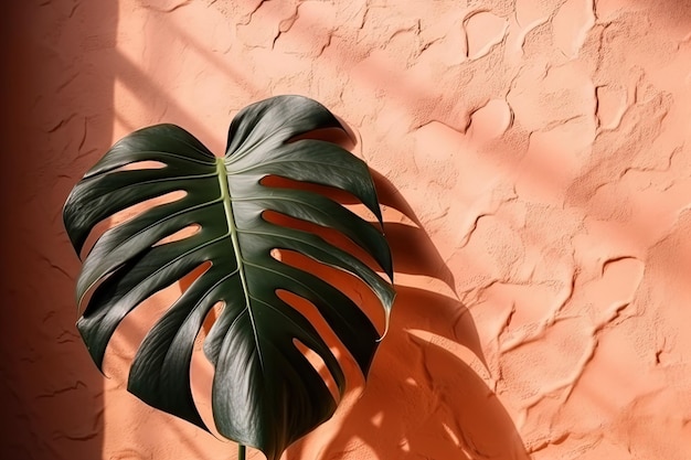 Folha de Monstera e suas sombras na parede texturizada cor de pêssego Gerada ai