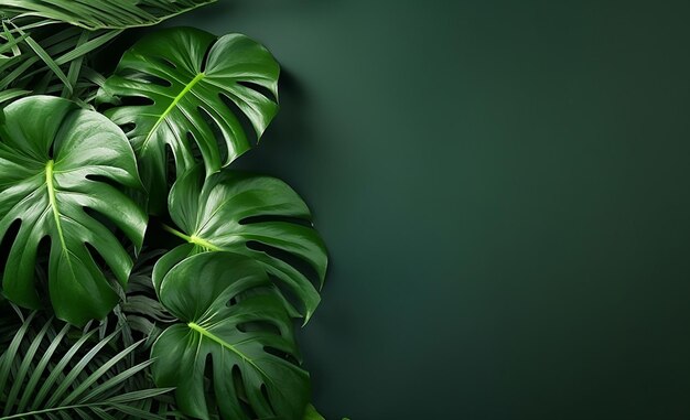 Foto folha de monstera tropical de ângulo esquerdo na decoração de fundo verde