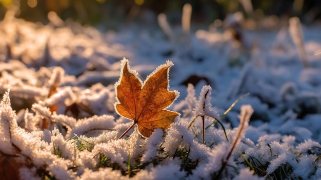 Folha de outono de pé na neve ou vista do pôr-do-sol