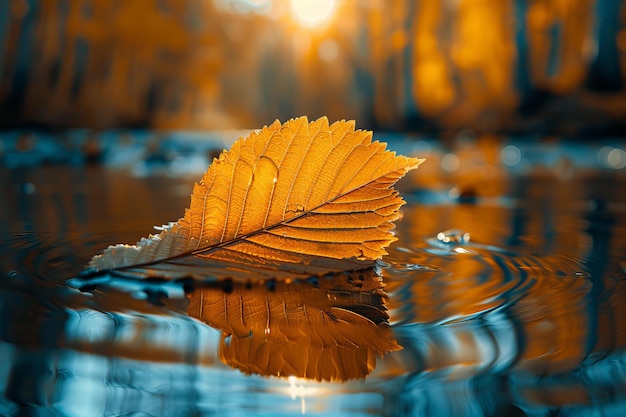 Folha de Outono Dourada Flutuando em Águas Tranquilas