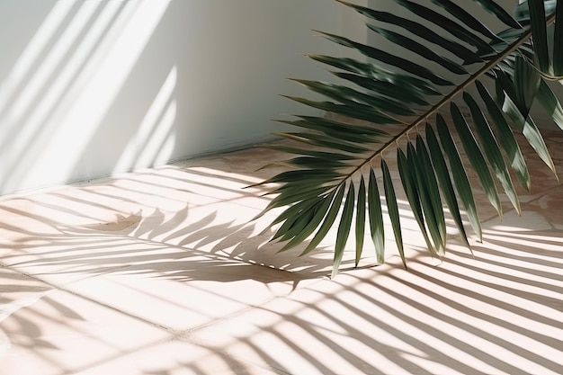 Folha de palmeira lançando uma sombra em uma parede branca Generative AI