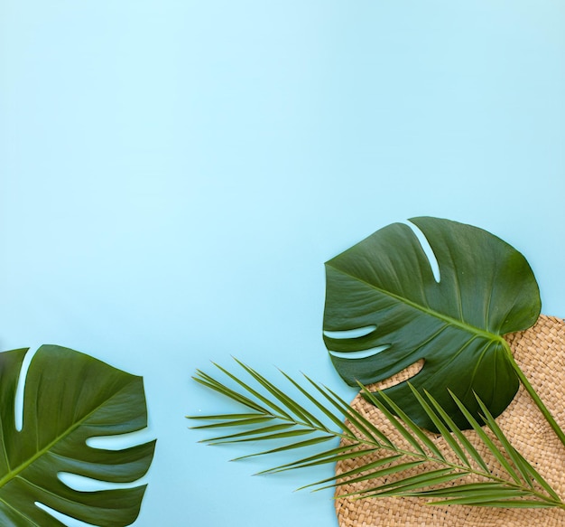 Folha de palmeira tropical e chapéu em um fundo amarelo