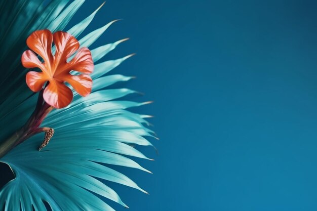 Foto folha de palmeira tropical e flor em um fundo azul conceito de moda mínimo vibrante design com espaço de cópia