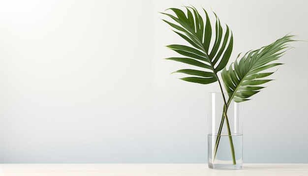 Folha de palmeira tropical em um vaso de vidro Fundo mínimo com espaço para cópia