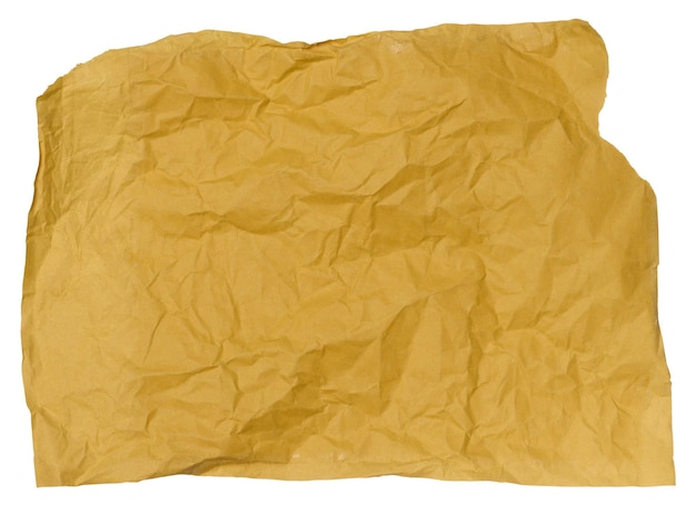 Folha de papel amarela arrugada sobre um fundo branco isolado