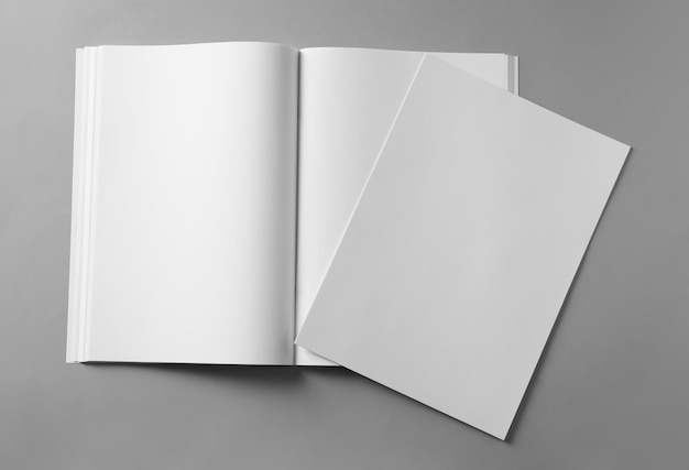 Folha de papel e folheto em branco aberto sobre plano de fundo cinza claro