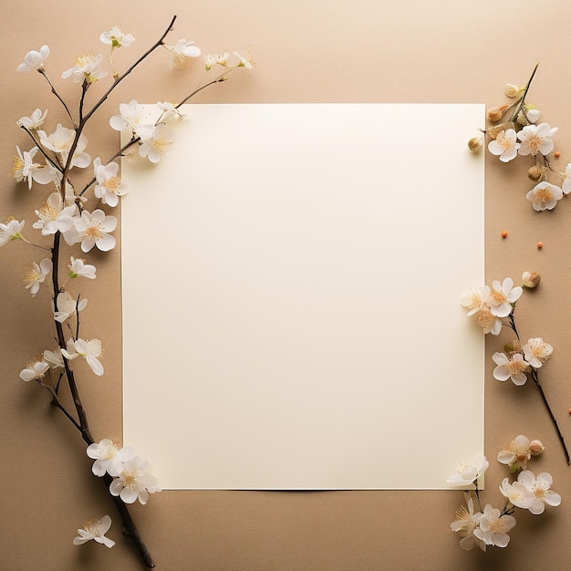 Folha de papel em branco com ramos de flor de cerejeira de primavera em fundo marrom