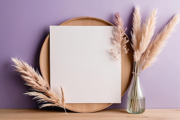 Folha de papel em branco sobre placa de madeira com fundo violeta pastel