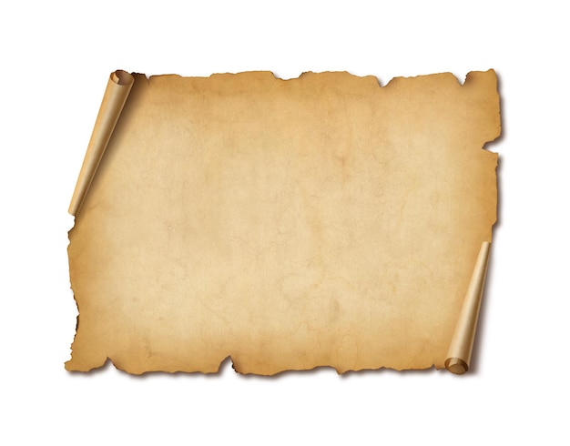Foto folha de papel medieval velha rolo de pergaminho horizontal isolado no fundo branco com sombra