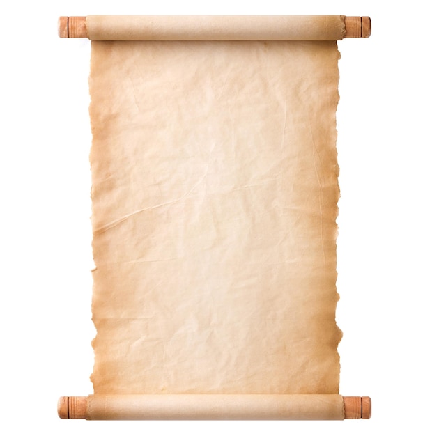 Folha de pergaminho de papel pergaminho velha vintage envelhecida ou textura isolada no fundo branco.