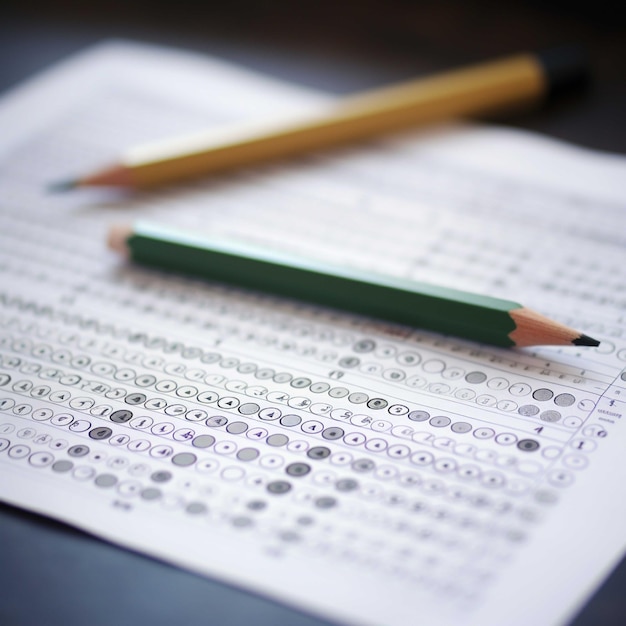 Foto folha de pontuação do teste com respostas e lápis verdes na mesa de madeira