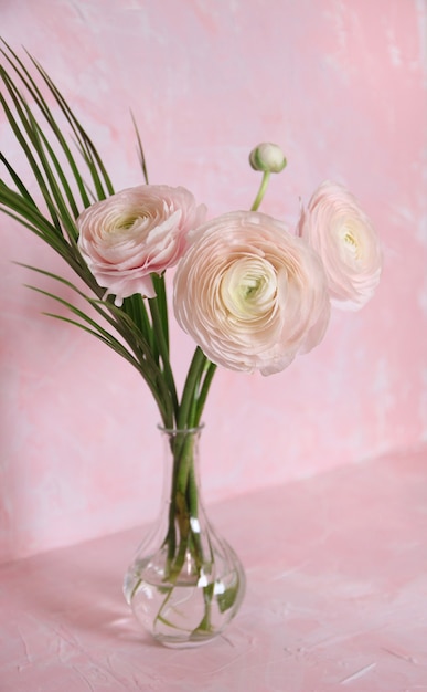 Folha de ranúnculo e monstera rosa claro em um vaso de vidro com fundo rosa. Vista frontal. Foto vertical.