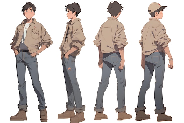 Folha de reviravolta de arte conceitual de personagem de anime 2D apresentando diferentes estilos de moda e roupas