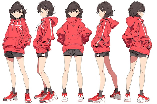 Folha de reviravolta de arte conceitual de personagem de anime 2D apresentando diferentes estilos de moda e roupas