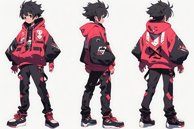 Folha de reviravolta de arte conceitual de personagem de anime 2D apresentando diferentes estilos de moda e roupas