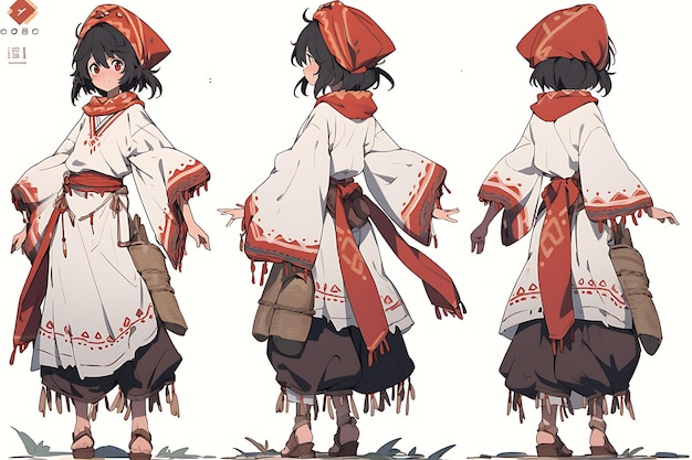 Folha de reviravolta de arte conceitual de personagem de anime 2D apresentando diferentes estilos de moda e roupas