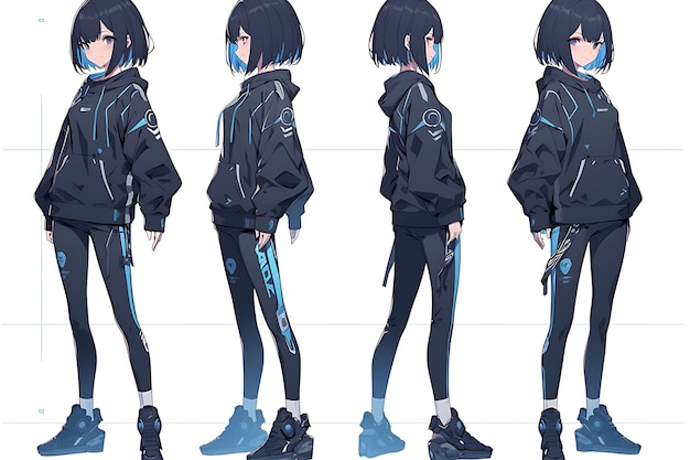 Foto folha de reviravolta de arte conceitual de personagem de anime 2d apresentando diferentes estilos de moda e roupas