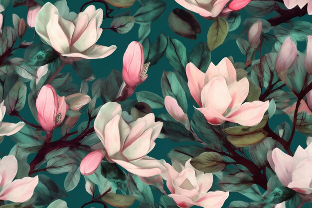 Folha flor aquarela magnólia sem costura padrão floral natureza decoração papel de parede generativo AI