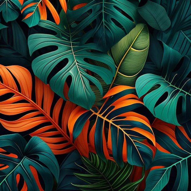 Folha monstera padrão de fundo nas cores verde e vermelho Gerado AI ilustração para design