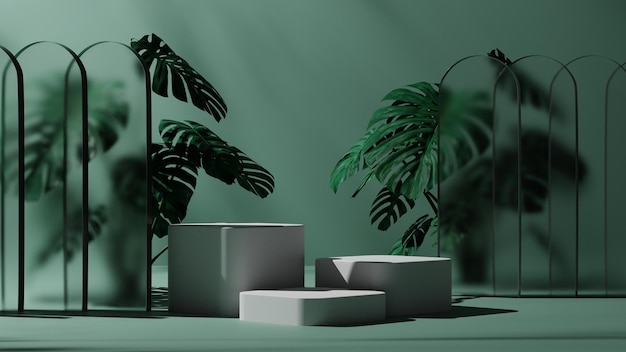 Folha natural 3D e pano de fundo verde com maquete ou pedestal de pódio branco, plataforma vazia para vitrine