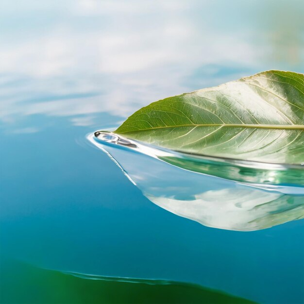 Folha transparente branca em superfície de espelho com reflexo em fundo turquesa macro Ima artística