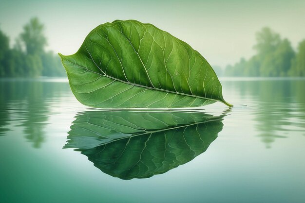 Folha transparente branca na superfície do espelho com reflexo no fundo verde macro Imagem artística abstrata de um navio nas águas do lago Modelo Fronteira imagem artística de sonho natural para viajar