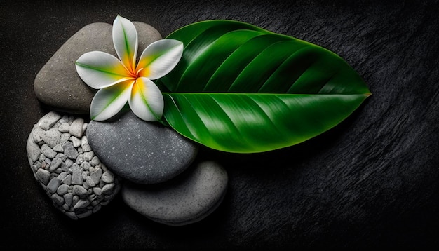 Folha verde com flor de frangipani em fundo de spa de pedras com espaço de cópia Generative AI