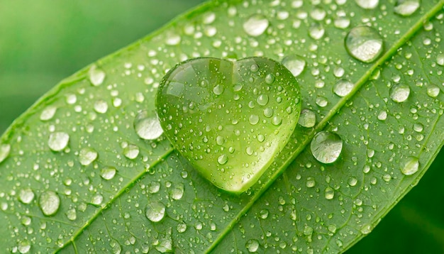Foto folha verde com gotas de água em forma de coração