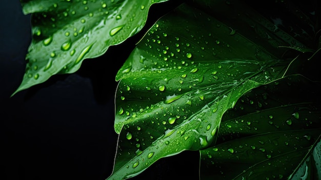 Folha verde com gotas de água na superfície