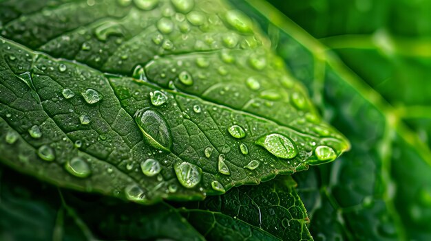 Folha verde com gotas de água Natureza fresca e vibrante Foto de perto