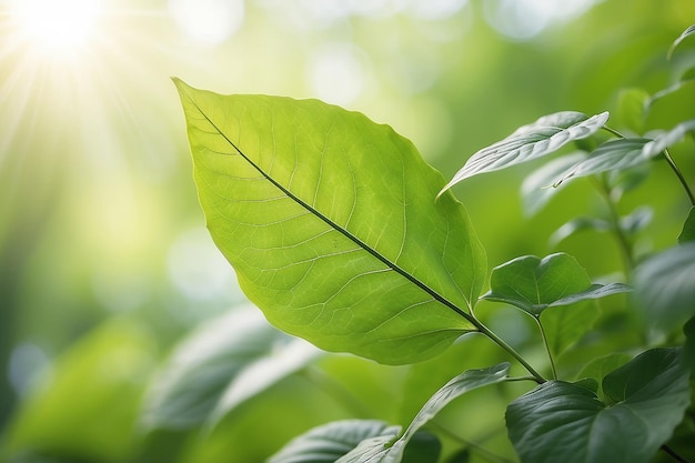 Folha verde em fundo de vegetação desfocadaBela textura de folha à luz solarFonte de plantas verdes naturaisEcologia da paisagemVisão de natureza em close-up com espaço livre para textoFonte verde natural