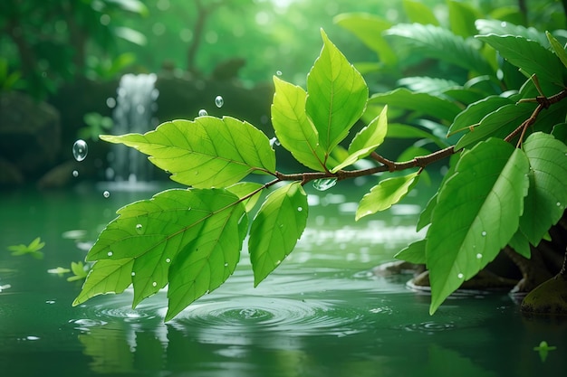 Folha verde fresca em água refrescante de galho molhado