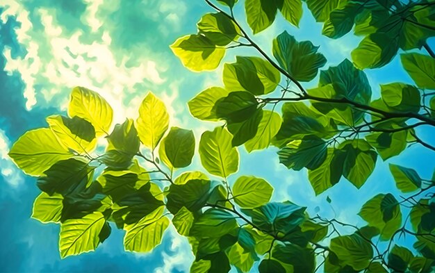 Folha verde no fundo ensolarado da primavera