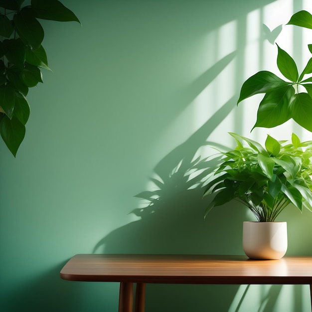 Folhagem botânica decora a mesa da sala interna com vasos de plantas ai generative