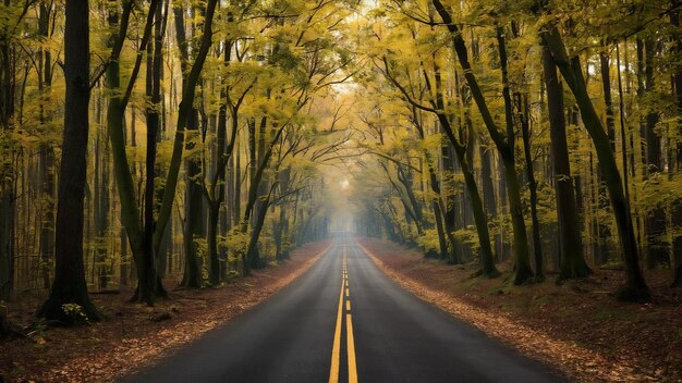 Folhagem de outono na floresta com estrada