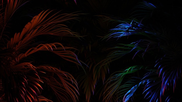 Folhagem tropical à noite na selva anel de brilho de néon folhas render 3d