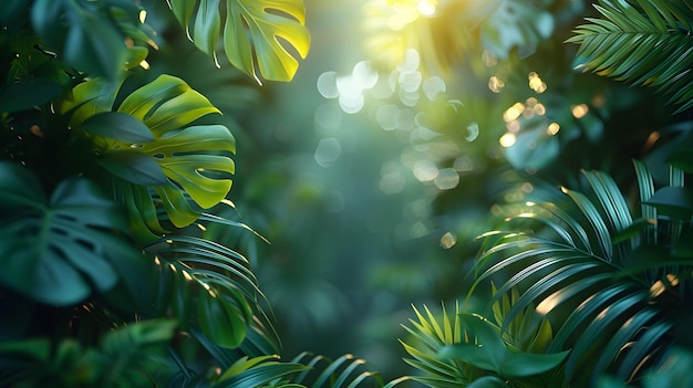 Foto folhagem tropical exuberante em um fundo quente e ensolarado da selva para uma fuga serena do verão