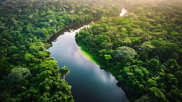 Folhagem verde exuberante da selva com um rio atravessando-a