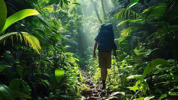 Folhagem verde exuberante de uma densa selva com um mochileiro caminhando através dela em um caminho de terra raios de sol filtrando através das folhas