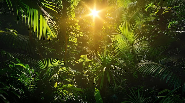 Folhagem verde exuberante de uma floresta tropical com luz solar brilhante brilhando através do dossel