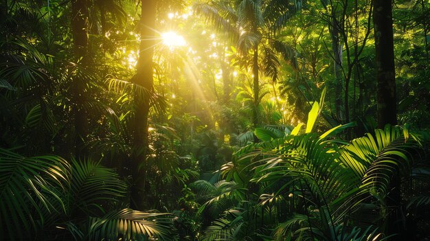 Folhagem verde exuberante de uma floresta tropical com luz solar brilhante brilhando através do dossel