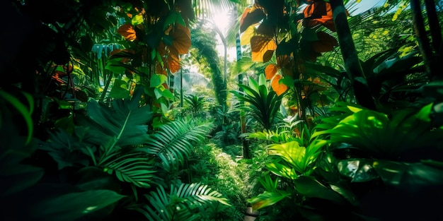 Folhagem verde exuberante em um fundo de floresta tropical Generative AI