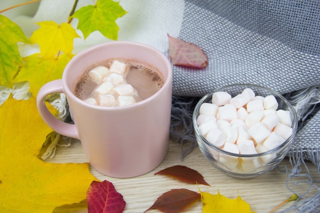 Folhas amarelas Caneca de chocolate quente com marshmallows no fundo das folhas de outono